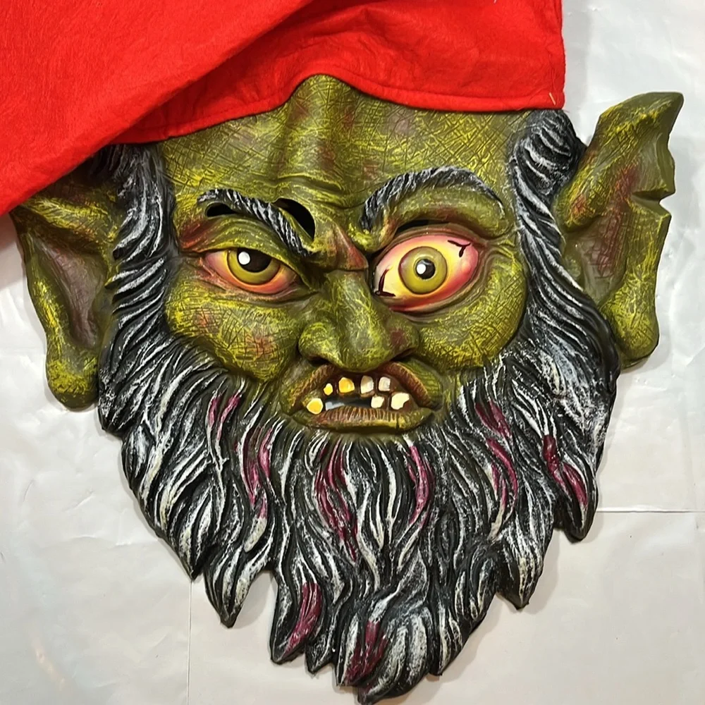 SCARY FACE horror mask GREEN GARDEN Gnome beard RED POINTY HAT Halloween monster